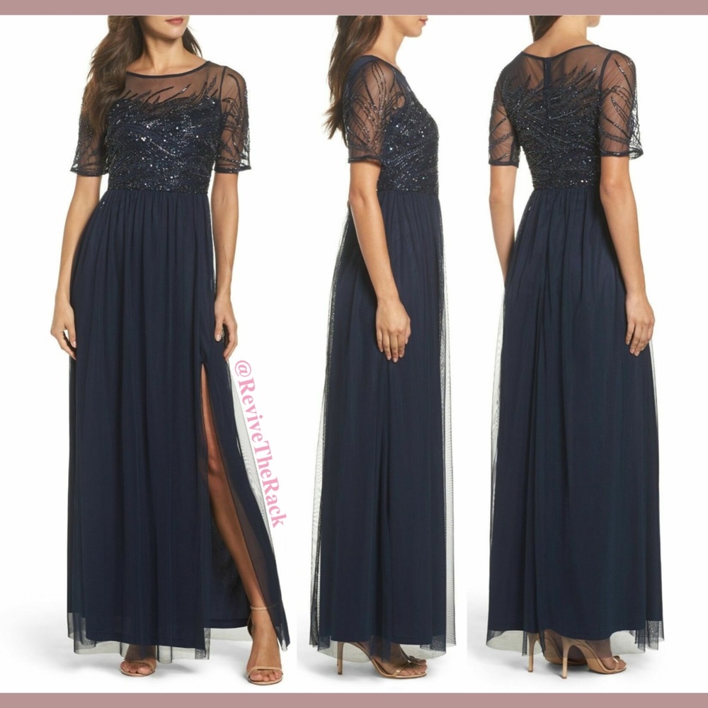 NEW Adrianna Papell Beaded Bodice Mesh Gown in Midnight‎ Blue [SZ 6 ]